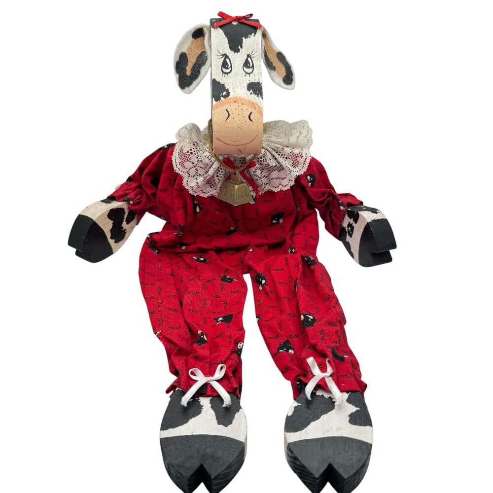 Handmade Wooden Cow Doll Red Outfit Lace Collar Bell 16"  Collectible